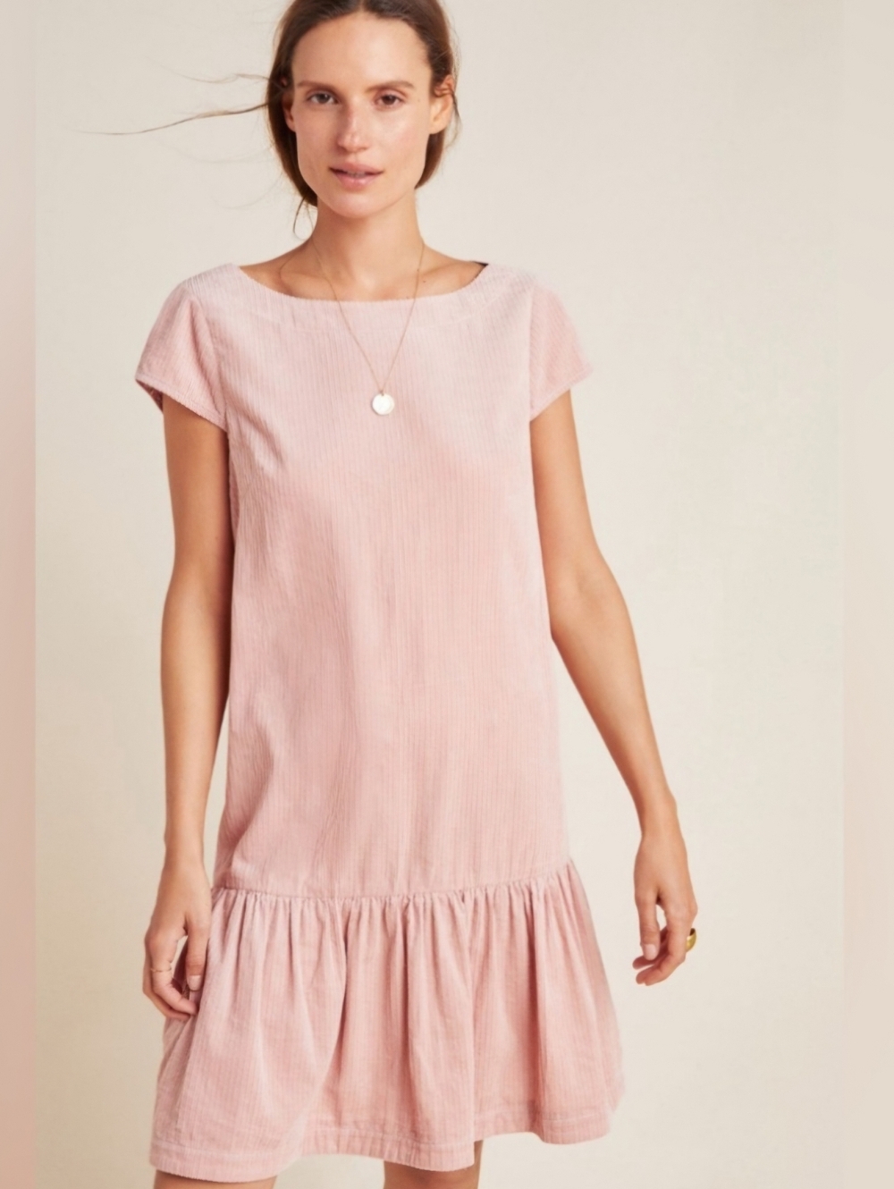 Maeve By Anthropolgie Blush Pink Short-Sleeve Drop-Waist Dress